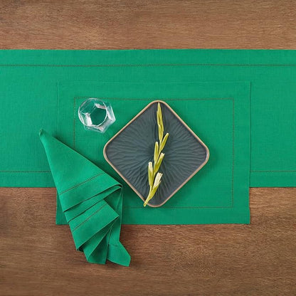 Solino Home Linen Emerald Green Hemstitch Table Runner 48 Inches - 100% Pure Linen Small Table Runner 14 x 48 Inch Ideal for Dresser and Coffee Tables - Classic Hemstitch