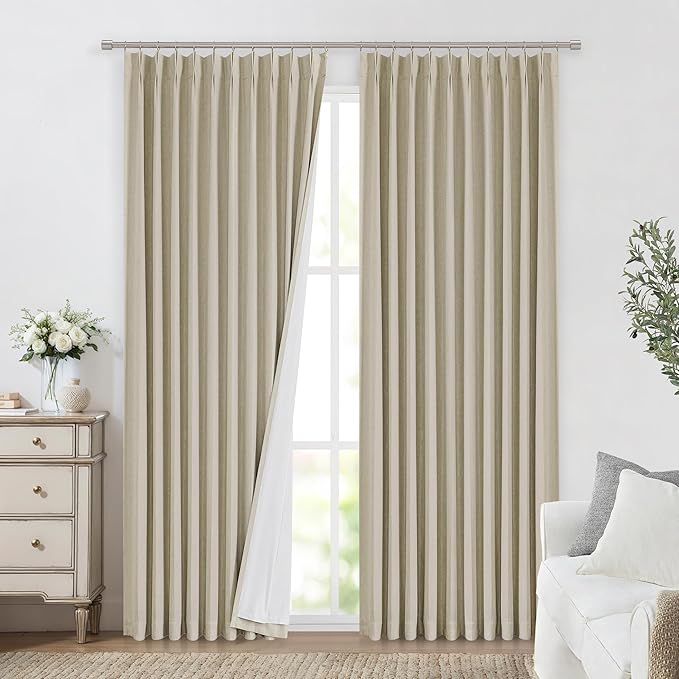 Vision Home Sand Pinch Pleated Full Blackout Curtains Linen Blended Room Darkening Window Curtains 84 inch for Living Room Bedroom Thermal Insulated Pinch Pleat Drapes with Hooks 1 Panel 60" Wx84 L