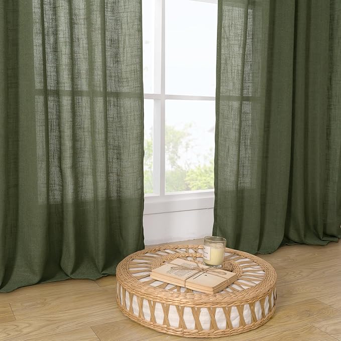 LAMIT Olive Green Sheer Linen Curtains 63 inch Length for Bedroom, Semi Sheer Light Filtering Window Treatments Neutral Bronze Grommet Christmas Drapes for Living Room, 2 Panels Set, 52 x 63 Inch