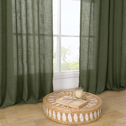 LAMIT Sheer Linen Curtains 102 inches Long, Linen Textured Light Filtering Semi Sheer Bronze Grommet Natural Boho Drapes for Living Room/Farmhouse, 2 Panels, Olive Green, 52 x 102 Inch