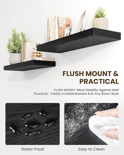 Marsmiles 36" Floating Shelves for Wall, Wooden Shelves with Invisible Brackets Set of 2, Rustic Farmhouse Wall Mounted Shelf for Kitchen Bathroom Living Room Study, Black