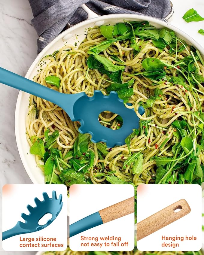 Kitchen Utensils Set, 13PCS Silicone Cooking Utensils, Heat Resistant Kitchen Utensil Spatula Set for Nonstick Cookware, Wooden Handles Kitchen Gadgets Tools Set (BLUE)