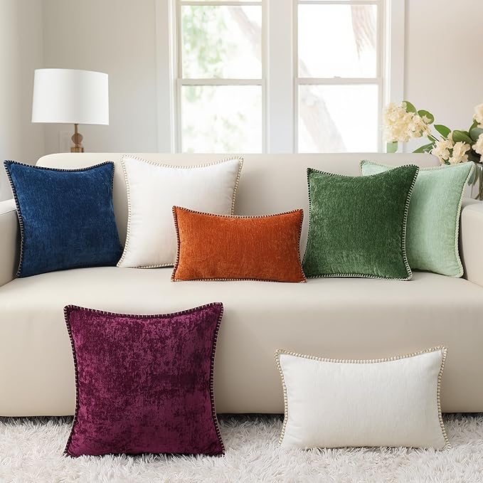 decorUhome Chenille Soft Throw Pillow Covers 18x18 Set of 2, Farmhouse Velvet Neutral Decorative Euro Pillow Covers with Stitched Edge for Couch Sofa Bed Home Decor, Beige