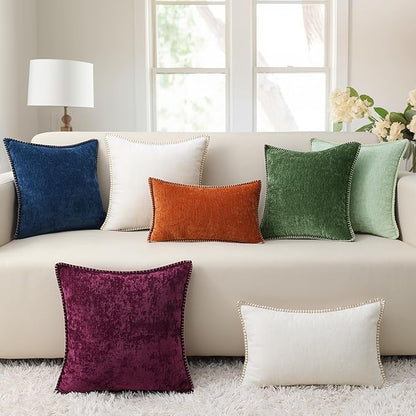 decorUhome Chenille Soft Throw Pillow Covers 18x18 Set of 2, Farmhouse Velvet Neutral Decorative Euro Pillow Covers with Stitched Edge for Couch Sofa Bed Home Decor, Beige