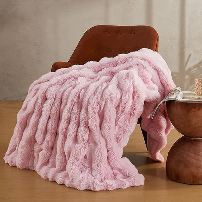JELLYMONI Faux Fur Throw Blanket, Pink Cozy Plush Bubble Bed Blanket, Thick and Warm, Twin (60" x 80")