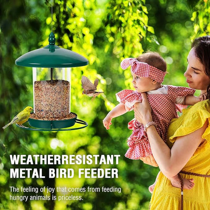 Metal Bird Feeder for Outdoors Hanging,3.0LB Seed Feeder,Easy to Fill & Clean,360° Feeding,Chew Proof Weatherproof Roof for Gardens and Wild Birds,Green