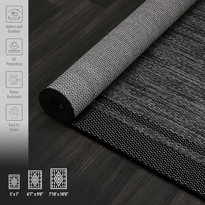 CAMILSON Indoor Outdoor Rug, 8x10 Bordered Dark Gray Black Modern Area Rugs for Indoor and Outdoor Patios, Kitchen and Hallway Mats, Washable Porch Deck Outside Carpet (Bordered Black, 8 x 10)