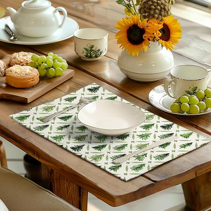 Sage Green Pine Tree Christmas Placemats Set of 4 Xmas Farmhouse Rustic Style Print Place Mat Seasonal Winter Holiday Linen Table Mats for Indoor Outdoor Kitchen Dining Party Decor