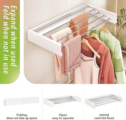 Wall Mounted Clothes Drying Rack 32 inches,Foldbale Laundry Drying Rack Wall Mount,Drying Rack Clothing Space Saver,Retractable,Collapsible,Folding Laundry Rack,White