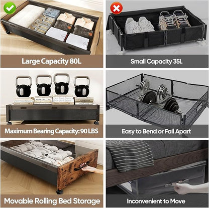 Wooden Under Bed Storage with Wheels, 80L Extra-large Rolling Under the Bed Storage Bins 2 Pack with Removable Lid, Upgrade Metal Under Bed Drawers for Clothes Shoes Blankets in Bedroom