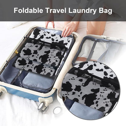Femuar Laundry Bag Backpack Durable Laundry Bag with Shoulder Straps and Mesh Pockets Portable Laundry Dirty Clothes Hamper Bag for College Dorm (Cow Print)