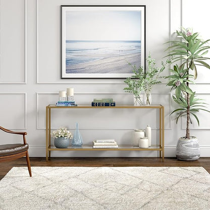 Henn&Hart 64" Wide Rectangular Console Table with Glass Shelf in Brushed Brass, Entryway Table, Accent Table for Living Room, Hallway