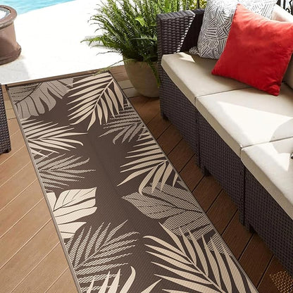 GENIMO Outdoor Rug 2.5' x 8' Waterproof for Patios Clearance, Reversible Outdoor Plastic Straw Camping Rug Carpet, Large Area Rugs Mats for RV, Camper, Deck, Balcony, Porch, Beach, Coffee&Beige