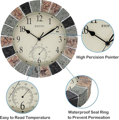 eYotto 10 Inch Small Indoor/Outdoor Waterproof Wall Clock with Thermometer Silent Non-Ticking Battery Operated Wall Clocks Weatherproof for Patio, Pool, Garden, Lanai, Fence, Porch, Deck, Bathroom
