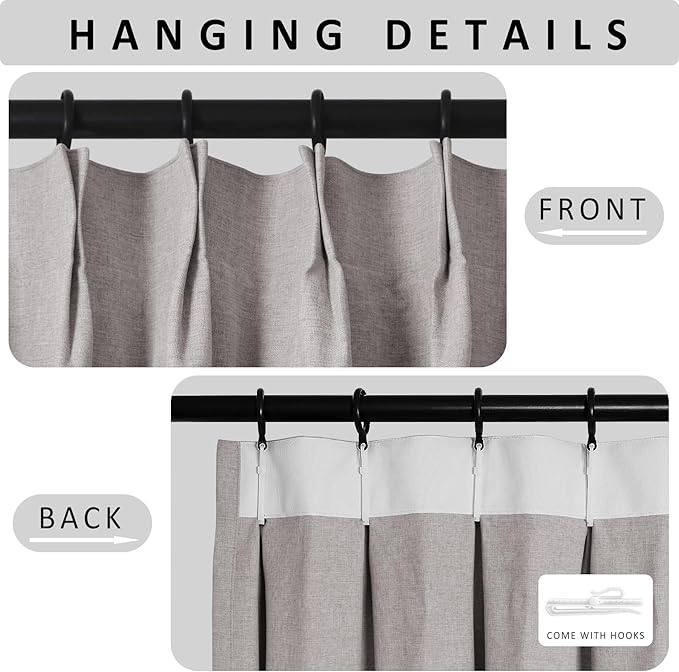 Macochico 100% Blackout Browish Grey Linen Curtains 84 Inches Long Pinch Pleated Burlap Curtains for Bedroom Living Room Farmhouse Nursery Thermal Window Panels with Tieback 72”Wx84”L 1 Panel