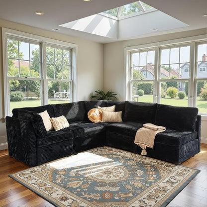 Modular Sectional Sofa with Chaise U Shaped Sectional Couch for Living Room, 5-Seater Comfy Cloud Couches, Plush Corduroy, Black