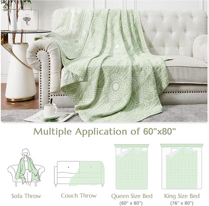 jinchan Boho 100% Cotton Blanket Muslin Lightweight Twin Size Throw Blanket Reversible for Couch Soft Cozy All Season 3-Layer Throw Coverlet Blanket for Bedroom Living Room Decor Green 60x80 Inches