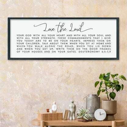 LuZhiQiang Love The Lord Your God With All Your Heart Wall Decor Art 40"×15" Deuteronomy 6:5-7, 9 Scripture Sign Bible Verse Large Wood Framed Wall Hanging (Black)