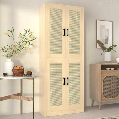 Oak Rattan Kitchen Pantry, 71" Tall Storage Cabinet with Doors, Boho Hutch for Dining Room