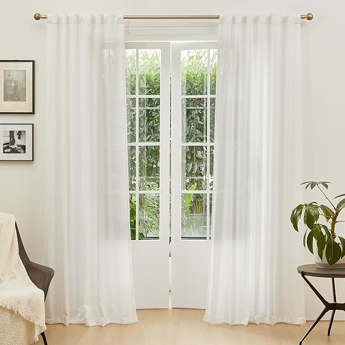 MYSKY HOME Natural Linen White Curtains 84 Inches Long, Semi Sheer Soft Cotton Window Drapes Set for Living Room Back Tab Elegant Cute Look Country Bedroom Curtains, 50" x 84", Beige, Pack-2
