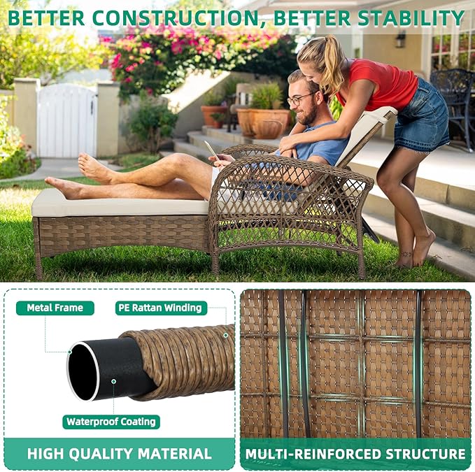 VIVIJASON Outdoor Wicker Chaise Lounge Chair, All-Weather PE Rattan Cushioned Patio Lounger Chair, 6-Position Adjustable Pool Sunbathing Recliner with Armrest & Pillow for Poolside Deck Yard, Beige