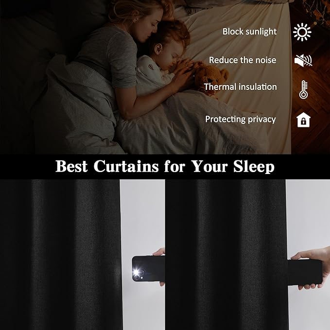 RAIN CITY Blackout Textured Curtains for Living Room Dining Room Linen Blend Black Out Curtains 2 Panels Set, Thermal Insulated Curtain Window Drapes 96 Inches Long
