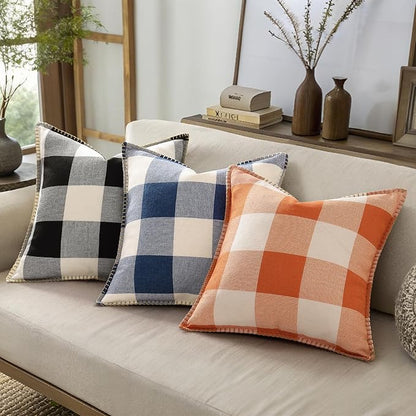 decorUhome Buffalo Plaid Check Throw Pillow Covers 24x24 Set of 2, Outdoor Decorative Farmhouse Neutral Pillow Covers with Stitched Edge for Bed Couch Sofa, Navy Blue and White