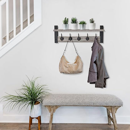 Sorbus Coat Hooks Wall Mount with Shelf – 24 Inch Coat Rack Wall Mount with 5 Heavy Duty Hooks – Floating Wall Shelf with Hooks for Entryway, Bathroom, Bedroom, Kitchen, or Mudroom (Gray)