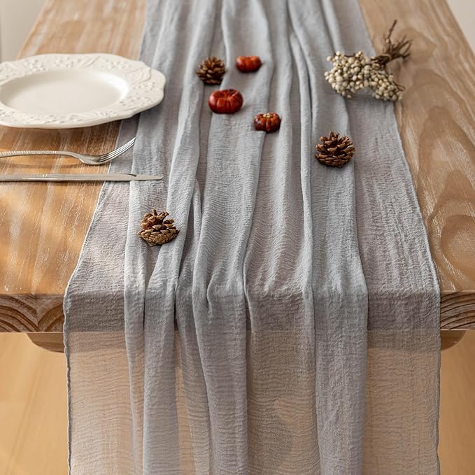 6pcs Dusty Blue Gauze Rustic Cheesecloth Table Runner 120 Inch 10 FT for Wedding Baby Shower Bridal Shower Birthday Engagement Garden Outdoor Party Long Sheer Boho Decorations