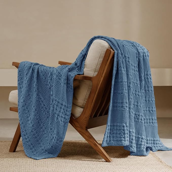 PHF 100% Cotton Waffle Weave Throw Blanket, Soft Lightweight Breathable Cozy Summer Throws for Couch Bed Sofa, Luxury Aesthetic Woven Blanket for Home Decor & Office, 50"x60", Captain's Blue