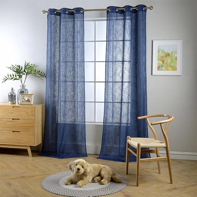 MIUCO Semi Sheer Curtains Poly Linen Textured Solid Grommet Curtains 95 Inches Long for Living Room 2 Panels (2 x 37 Wide x 95" Long) Navy Blue
