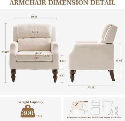 Kidol & Shellder White Oversized Accent Chair for Living Room Set of 2 Modern Reading Chair with Back Wide Upholstered Comfy Single Sofa Chair for Bedroom Lounge Side Corner Fabric Armchair