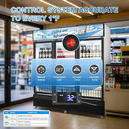 Tylza Commercial Refrigerator, Three Glass Door Display Beverage Fridge, 59.06 Cu Ft Upright Beverage Cooler Merchandiser with Replaceable Advertising Light Board, Rebound Door, Fast Cooling