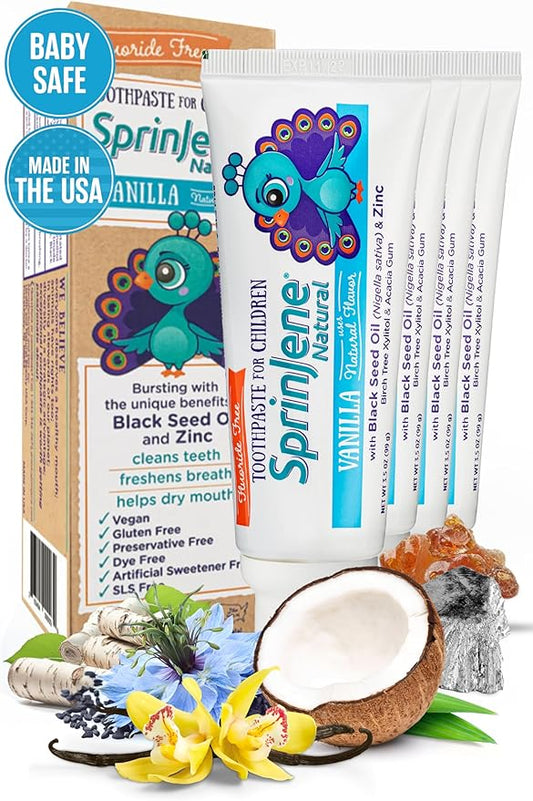 SprinJene Natural Kids Toothpaste, Vanilla | Natural Children’s Toothpaste | Fluoride Free Toothpaste for Toddlers | 4 Pack