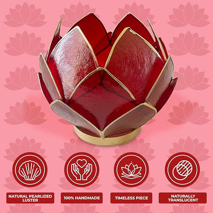Blooming Lotus Capiz Shell Tealight Candle Holder, Handcrafted Decorative Tea Light Candleholder with Translucent Flower Petals for Ambient Illumination and Natural Elegance, Red