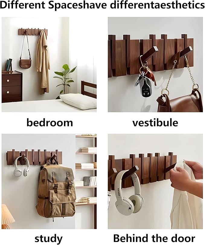 Wall Mounted Piano Key Hanger | Flip Style Hook | Entrance Wall Art Hook, Made of Oak Wood (3 Times Painted, 4 Times Polished) (Walnut, 4Hooks)