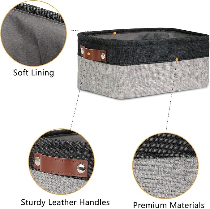 DULLEMELO Small Storage Baskets for Shelves, Small Fabric Collapsible Rectangular Storage Bins for Shelves, Closets, Nursery, Home, Office, Empty Gift Baskets (6-Pack, Black&Gray)