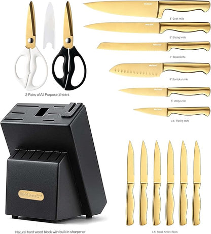 McCook® Knife Sets, Golden Titanium Stainless Steel Kitchen Knife Block Sets with Built-in Sharpener