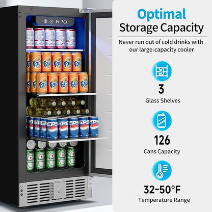 15 Inch Undercounter Beverage Refrigerator - 126 Cans Beverage Fridge with Stainless Steel Door for Beer Wine Soda - Built-in or Freestanding Wine Cooler for Home Kitchen Bar