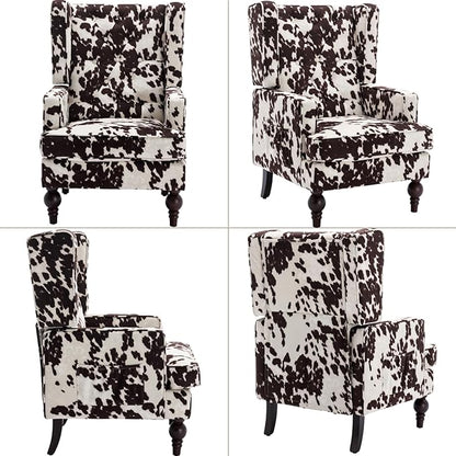 Mid-Century Accent Chair, Upholstered Arm Chair Linen Fabric Side Chair with High Back Solid Wooden Legs, Comfy Reading Chair for Living Room Bedroom, Milk Cow