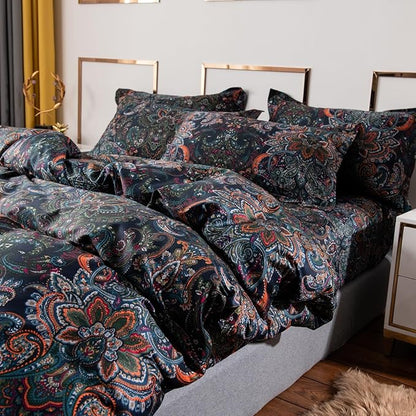 ABREEZE Luxury Vintage Black Duvet Cover Sets Damask Paisley Bedding Set Retro 100% Brushed Cotton Zipper Closure Bedding Collection Full Size