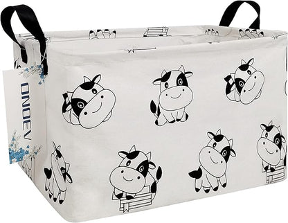 Rectangular Folding Laundry Basket,Canvas Basket,Nersury Hamper,Suitable for Children,Office,Bedroom,Clothes,Toys Storage (REC Cow), 14.9’’L ×10.2’’W×9.05’’H inches