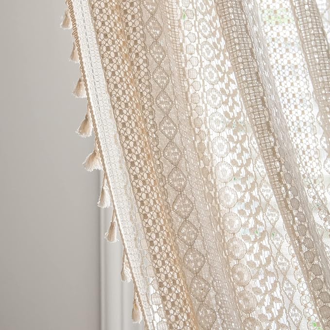 Sutuo Home Boho Curtain Crochet Lace Semi-Sheer Bohemian Hollow Knitted Handmade Tassels, Rod Pocket Window Treatment Vintage Rustic Farmhouse Drapes for Bedroom, 1 Panel 59" W x 96" L, Beige