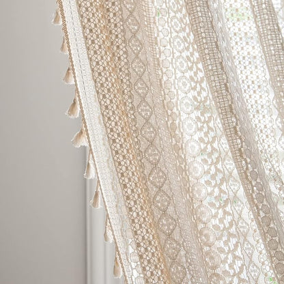 Sutuo Home Boho Curtain Crochet Lace Semi-Sheer Bohemian Hollow Knitted Handmade Tassels, Rod Pocket Window Treatment Vintage Rustic Farmhouse Drapes for Bedroom, 1 Panel 59" W x 96" L, Beige