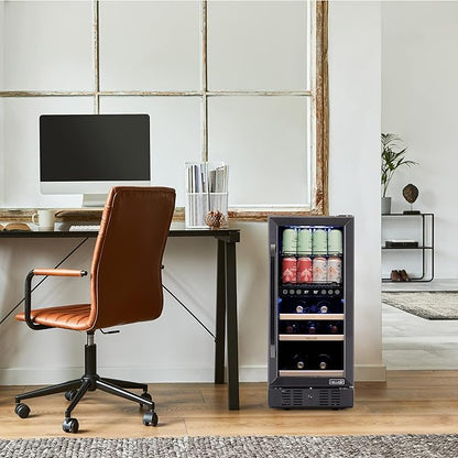Newair 15" Wine and Beverage Refrigerator 9 Bottle and 48 Can Capacity, Beverage Cooler in Stainless Steel, Built-in or Freestanding Dual Zone Drink Fridge with Triple-Pane Glass Door