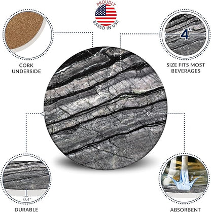 Emerson Coasters for Drinks Absorbent – Natural Stone Drink Coasters Set with Holder, Coasters for Coffee Table, Wooden Tabletop Protection Marble Style – 100% Heavy Duty Set of 6 (Obsidian)