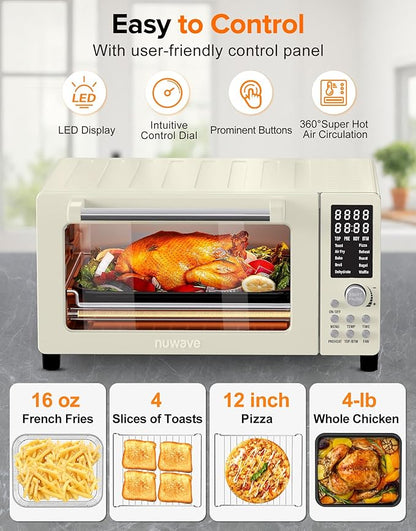 Nuwave Bravo Pro Smart Air Fryer Toaster Oven Combo, Airfryer Convection Oven Countertop, 10-in-1 Functions with Quicker & Even Crisp Technology, 1800W, 50-450°F, PFAS-Free, 21QT, Vanilla Cream