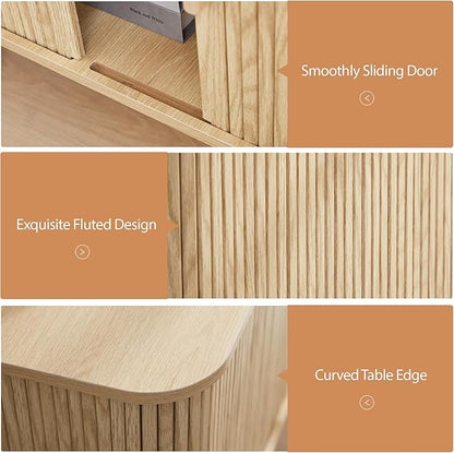 AVZEAR 24" Large Square End Table with Charging Station, Farmhouse Fluted Sofa Side Table with Sliding Tambour Door & Storage, Curved Rustic Wood Nightstand for Living Room, Bedroom, Natural