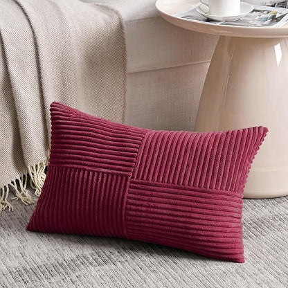 Fancy Homi 2 Packs Burgundy Lumbar Decorative Throw Pillow Covers 12x20 Inch for Living Room Couch Bed, Farmhouse Boho Home Decor, Soft Striped Corduroy Rectangle Accent Cushion Case 30x50 cm