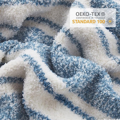 Snuggle Sac Knitted Throw Blanket for Couch, Reversible Super Soft Microfiber Blankets Warm Cozy Knit Fuzzy Plush Lightweight Throws for Sofa, Bed, Camping, Picnic, Stripe Blue, 50 x 60 inches